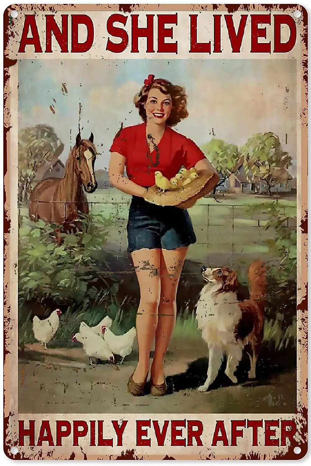 

Металлический жестяной знак «она живет счастливая жизнь», девушка и курица, собака, лошадь, девушка, фермер, украшение, настенное искусство, ретро постер двор для дома