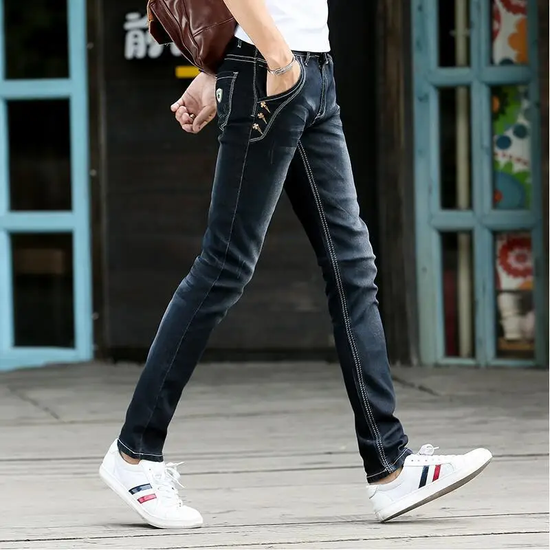 New Jeans Male Student Korean Style Trendy Slim Fit Skinny Ripped Ankle-Length Pants Stretch Versatile Casual Pants Male