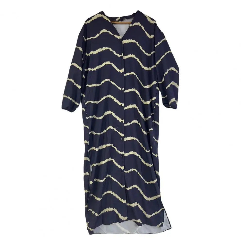 

V-neck Long-sleeved Dress Bohemia Wave Print V-neck Dress Stylish Long Sleeve Cardigan with Pockets for Women's Spring/autumn