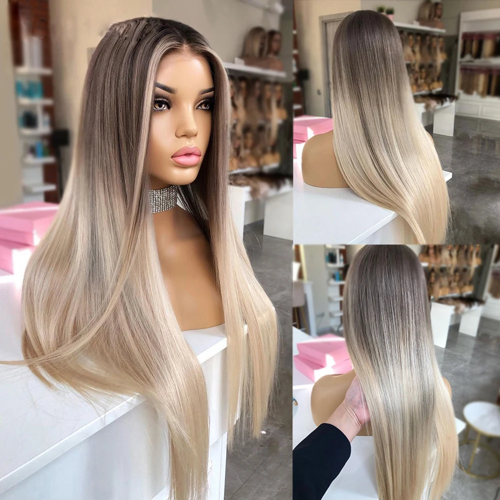 

Silky Straight Hd Long 13x6 Lace Front Human Hair Wigs Light Ash Blonde Ombre Full Lace Wig Middle Part Pre-Plucked Glueless