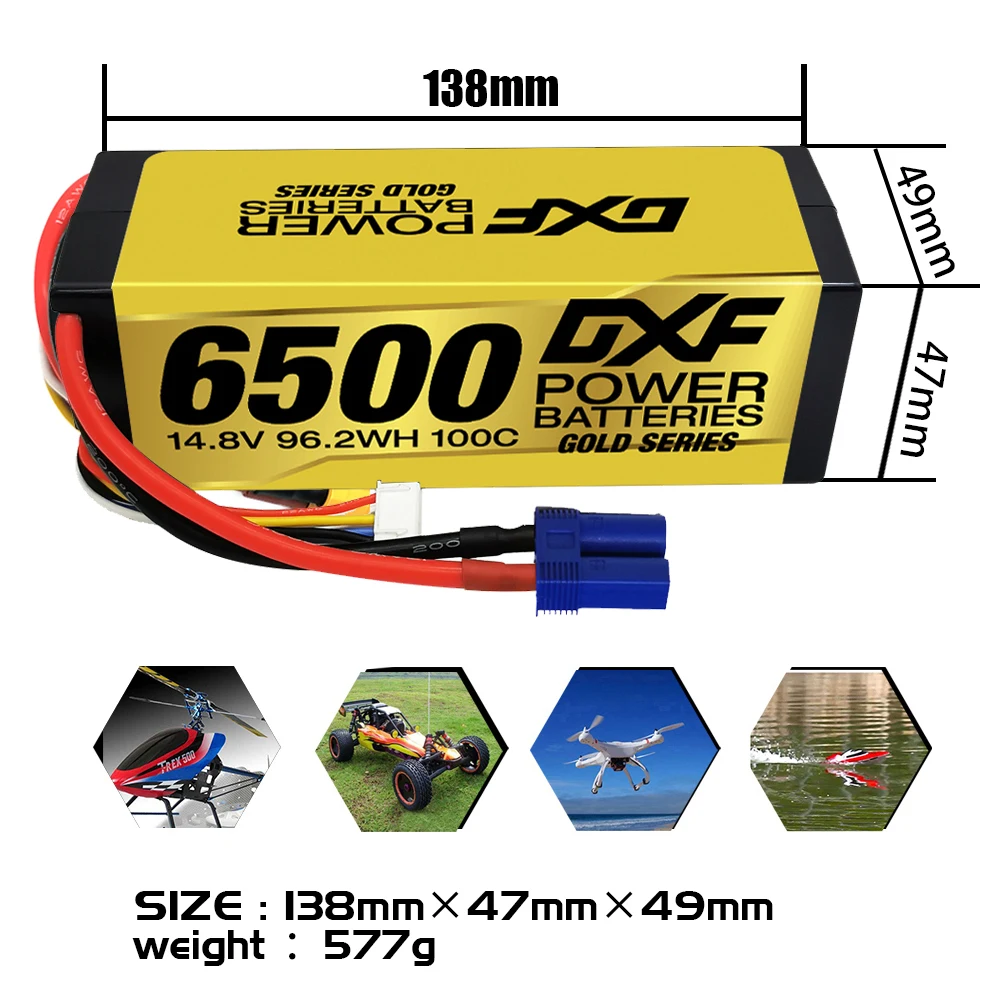 DXF Graphene Lipo 4S 14.8V Battery 6500mAh 100C Gold Version Racing Series HardCase for RC Car Truck Evader BX Truggy 1/8 Buggy enlarge