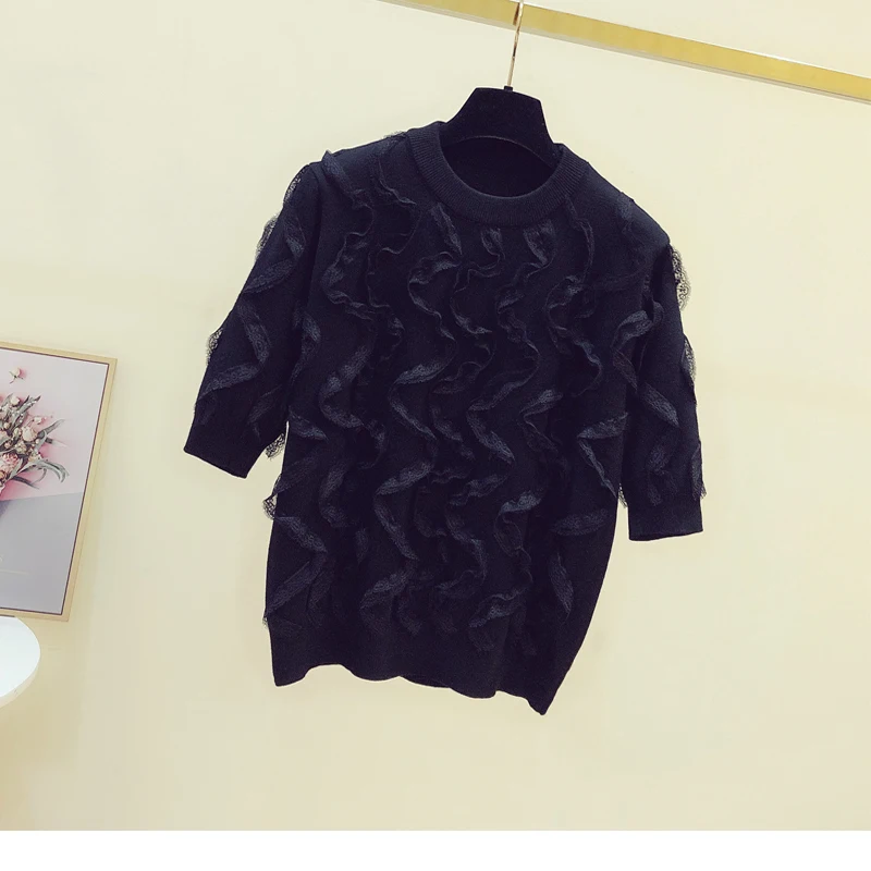 

Lace stitching short-sleeved women's 2021 summer new women's round neck top Black