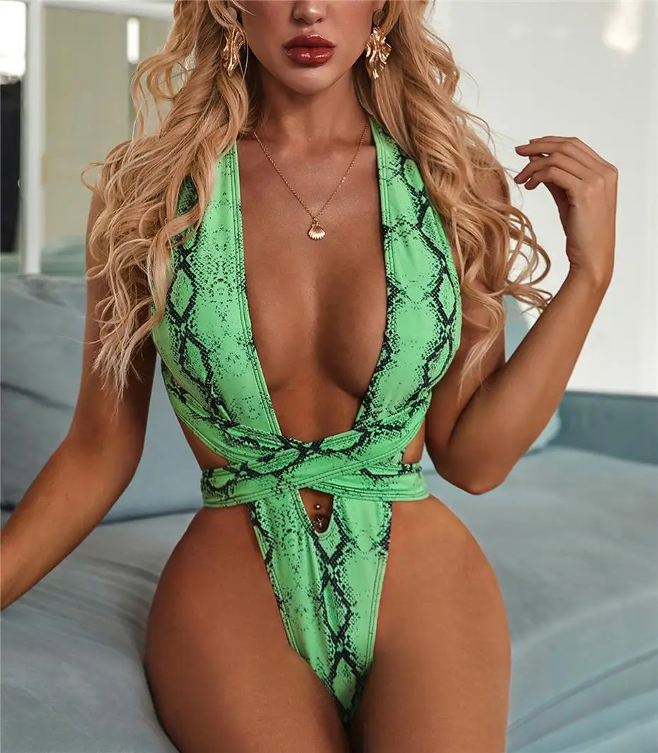 

Fashion Women Snake print one piece swimsuit female Deep V-neck bikini 2022 Bandage bathing suit monokini swimwear women bathers