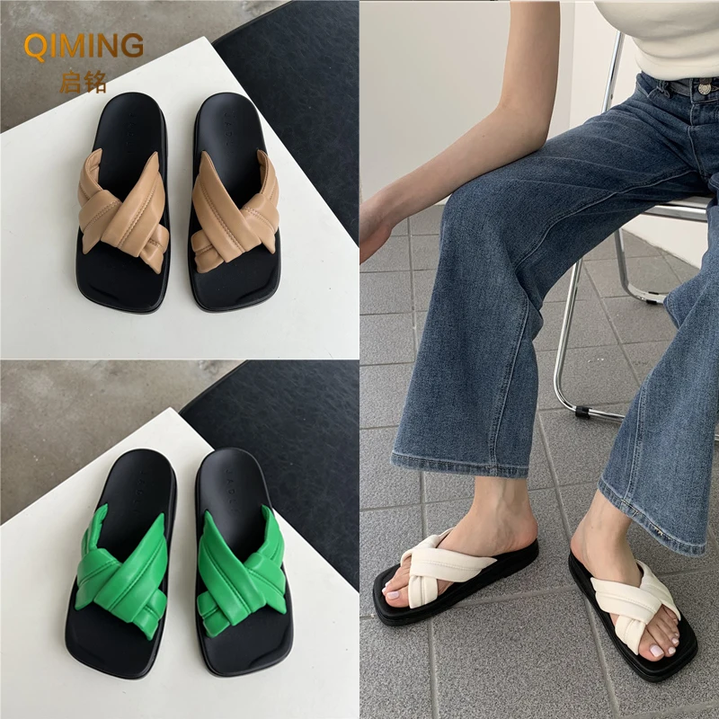 Ladies Home Slippers Women Slides Summer Cross Woven Sandals Square Head Fashion Outer Beach Shoes Woman Flip Flops Indoor Shoes