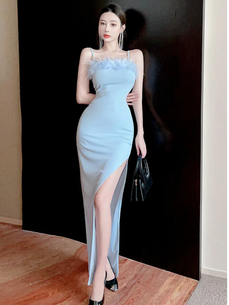 

2023 Summer Women's Sexy Temperament Elegant Fur Edge Spliced Slim High Waist Split Wrap buttocks Solid Color Long Dress WC2S