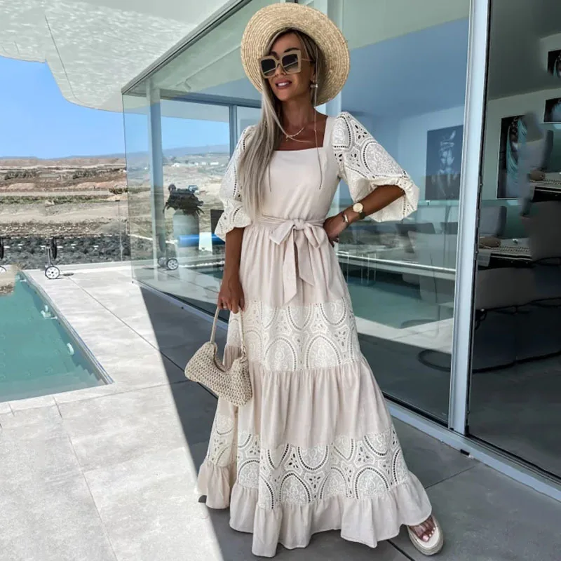 Women Retro Loose Beach Dress Fashion New Lace Patchwork Ladies Elegant Dress Temperament Square Collar Tie-Up Ruched Maxi Dress