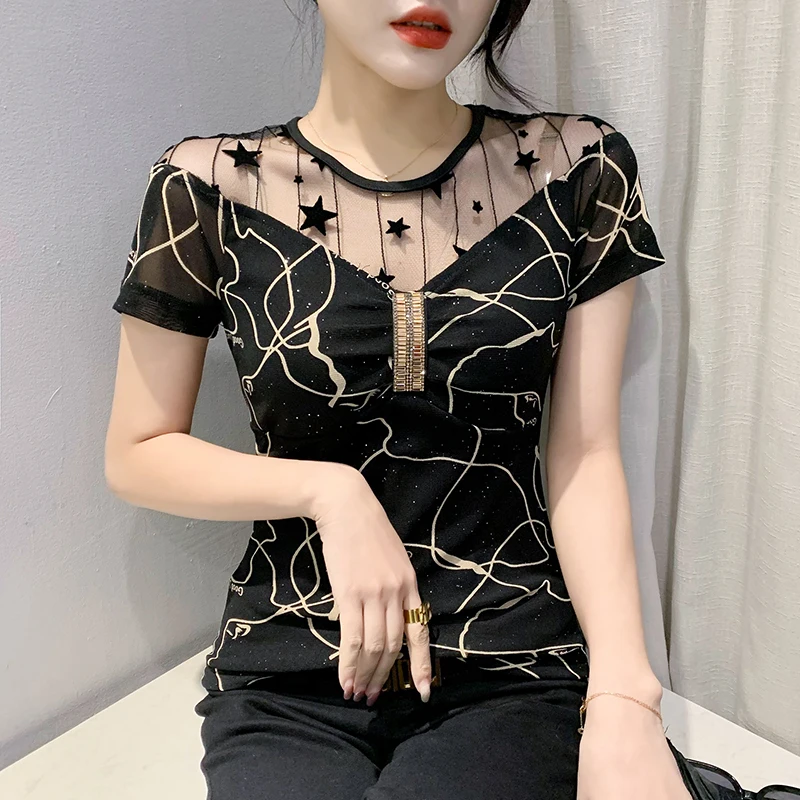 

European Style Ladies Fashion Sexy Hot Fix T Shirts for Women Clothing Female Girls Vintage Gothic Aesthetic Woman Tops BPy6316