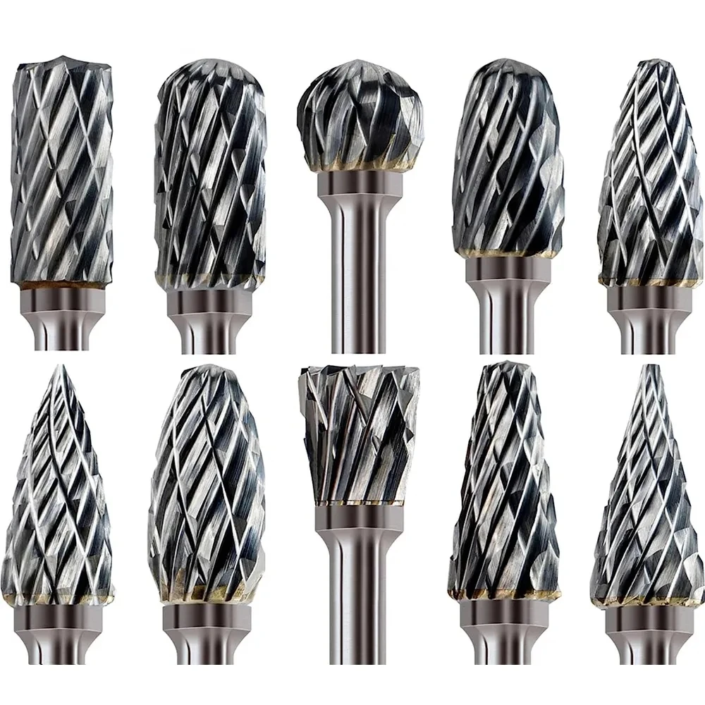 

Tungsten Carbide Rotary Burr 10pcs Carving Burr Bits Double Diamond Cut Dremel Tools for Wood Stone Carving Steel Metal Working