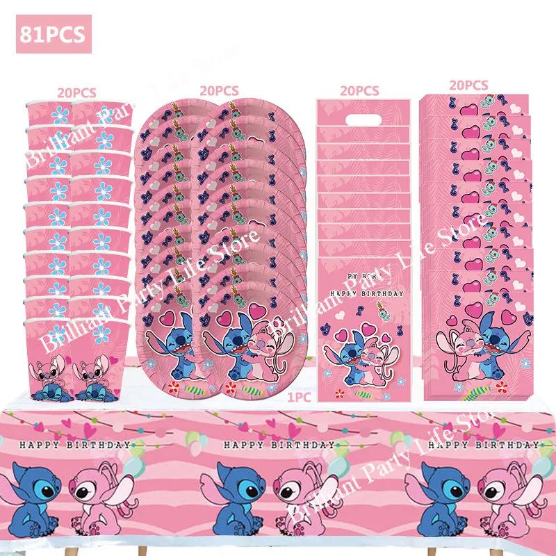 

Pink Lilo & Stitch Cartoon The Series Birthday Party Supplies Girl Balloon Plates Cups Napkins Banner Background Baby Shower Dec