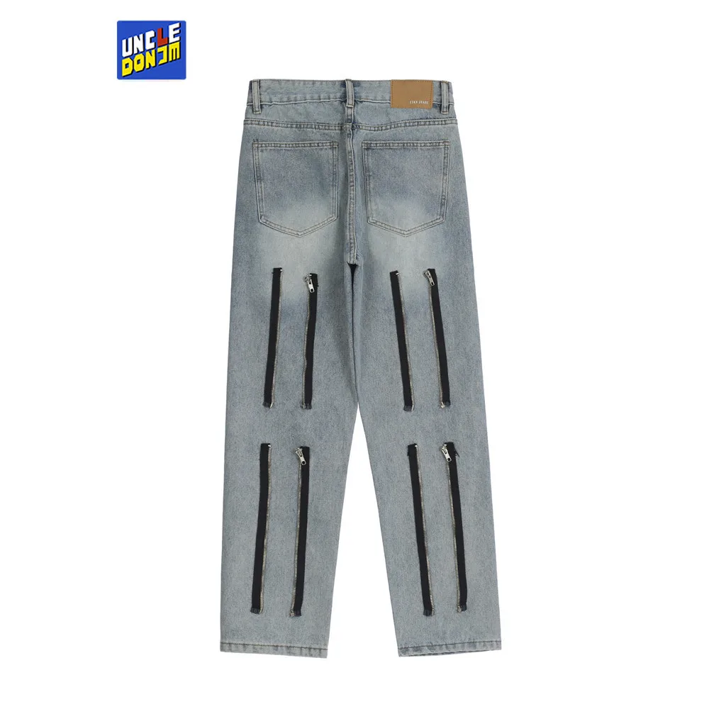 

Мужские потертые джинсы UNCLEDONJM на молнии, модные прямые брюки в стиле хип-хоп, дизайнерские джинсы для мужчин