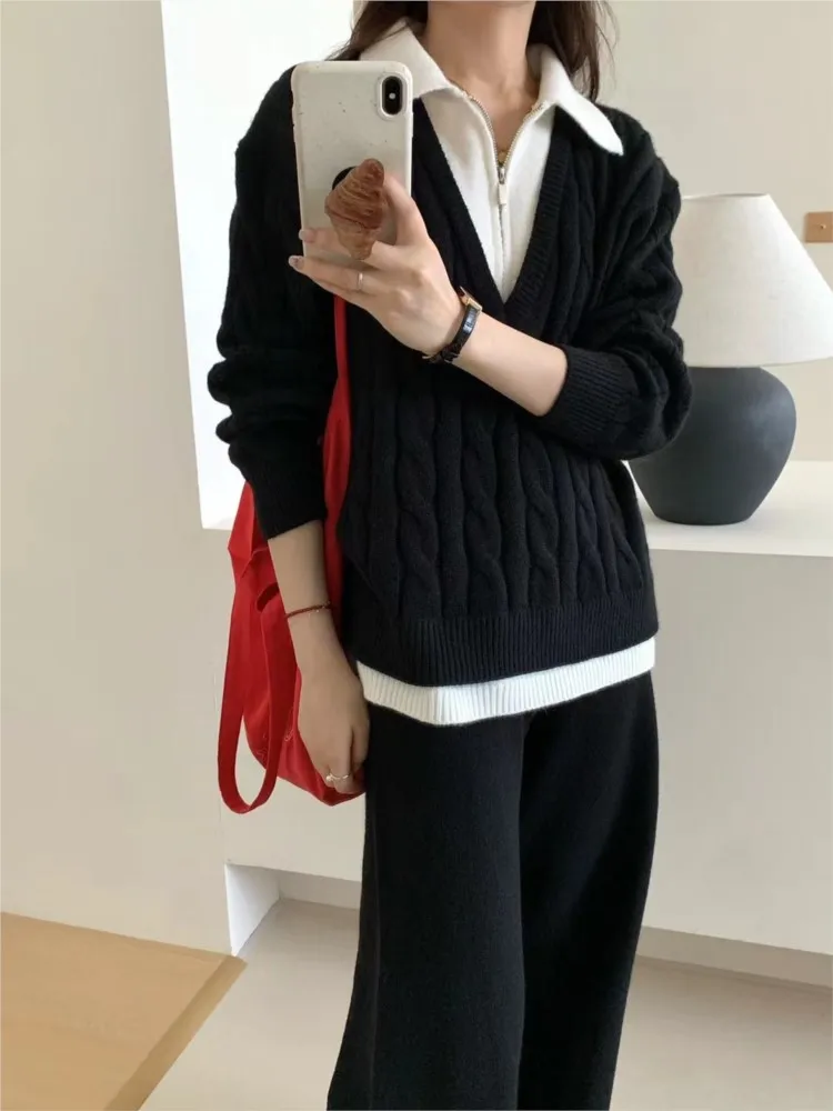 Zipper Fake Two Piece Swaeter And Wide Leg Pant SetTwisted Knit Top + Trouser Chic Women Set Winter Autumn Female Outfits 2024
