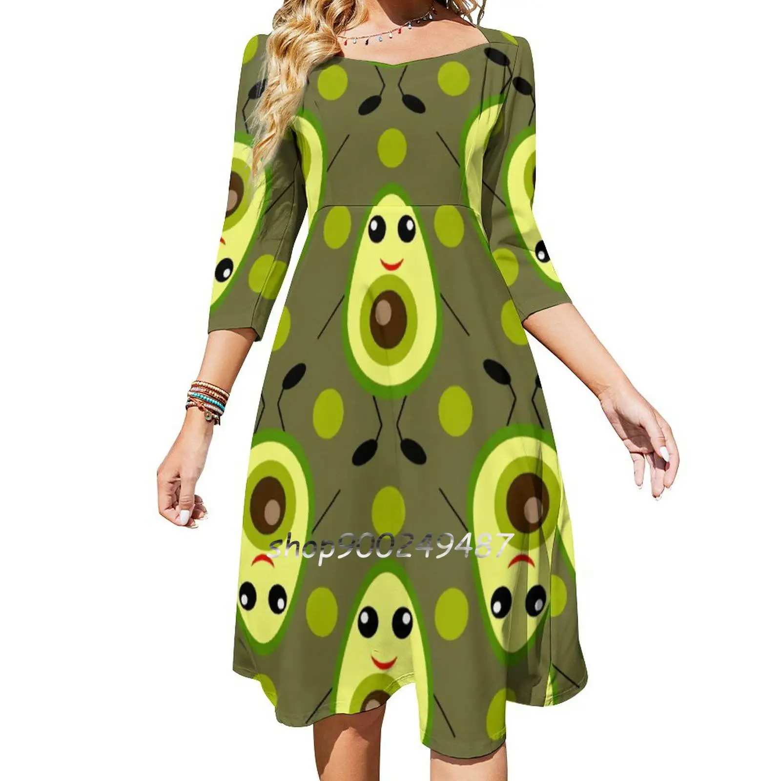 

Cute Avocado Sweetheart Knot Flared Dress Fashion Design Large Size Loose Dress Avocado Veggie Vegan Organic Nature Food Cute