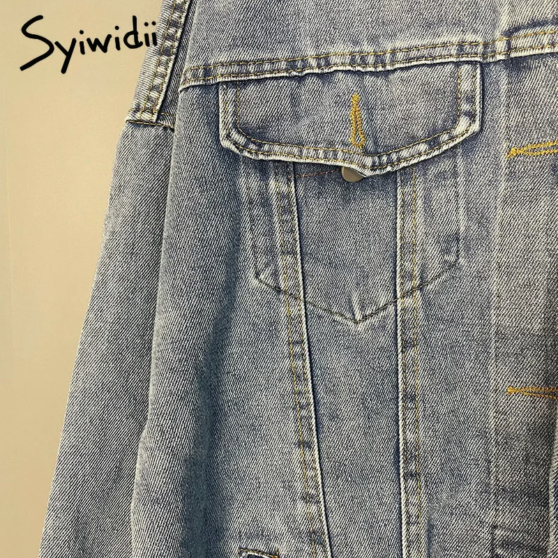 Syiwidii Jean Jacket Women Denim Coat Spring 2022 New Fashion Loose Oversized Blue Button Up Cardigan | Женская одежда