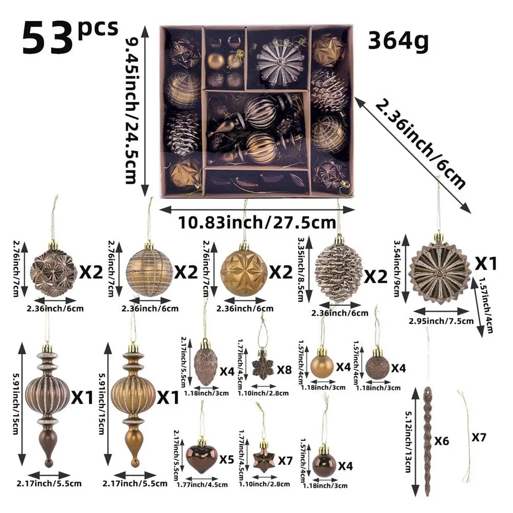 Рождественские шары набор небьющиеся 53 шт. медные коричневые золотые
