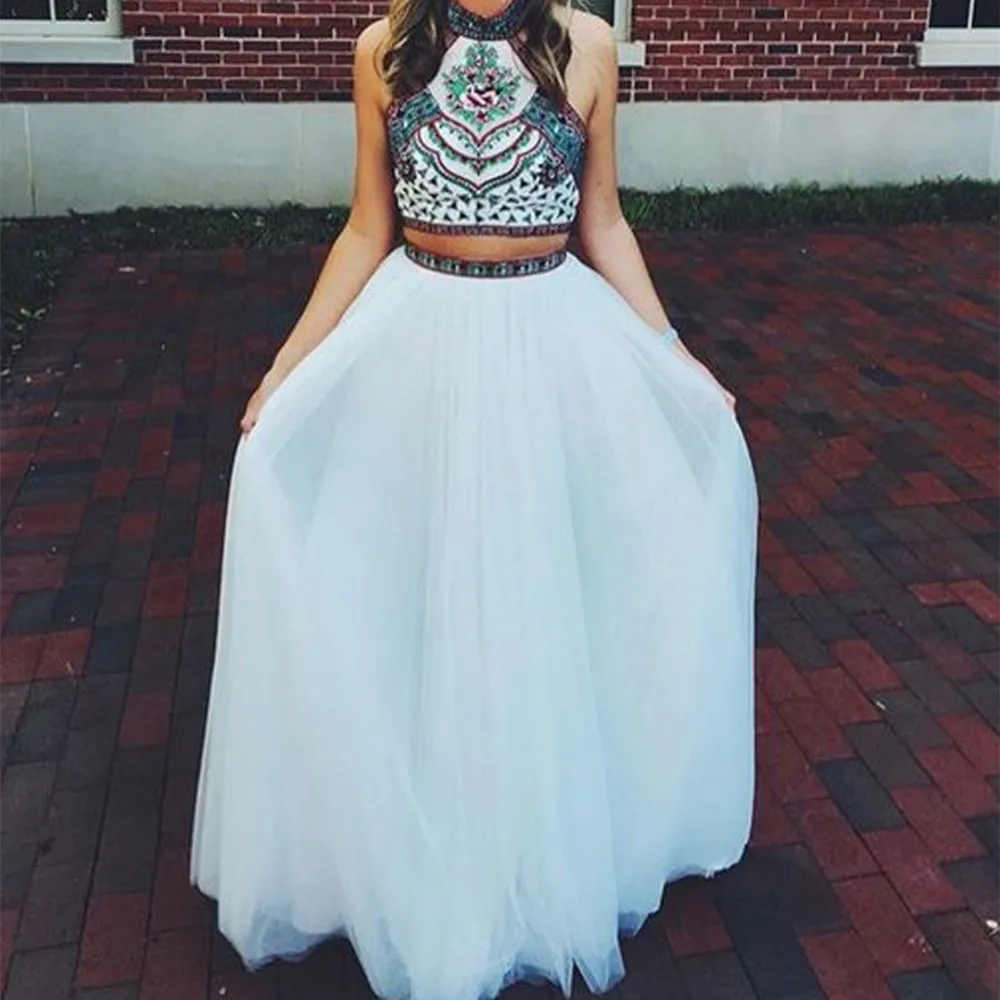 

Белое платье для выпускного вечера, шифоновое платье-трапеция с цветочной вышивкой и лямкой на шее, платье из двух частей для выпускного веч...