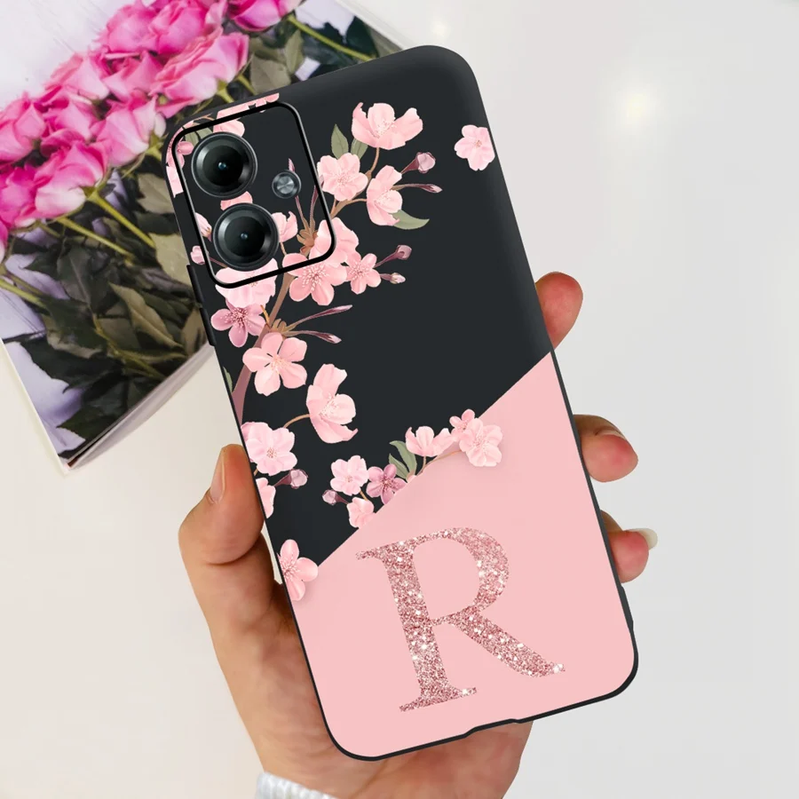 Для Moto G14 G24 G34 Чехол Motog14 Черные буквы Мягкий силиконовый чехол с цветочным