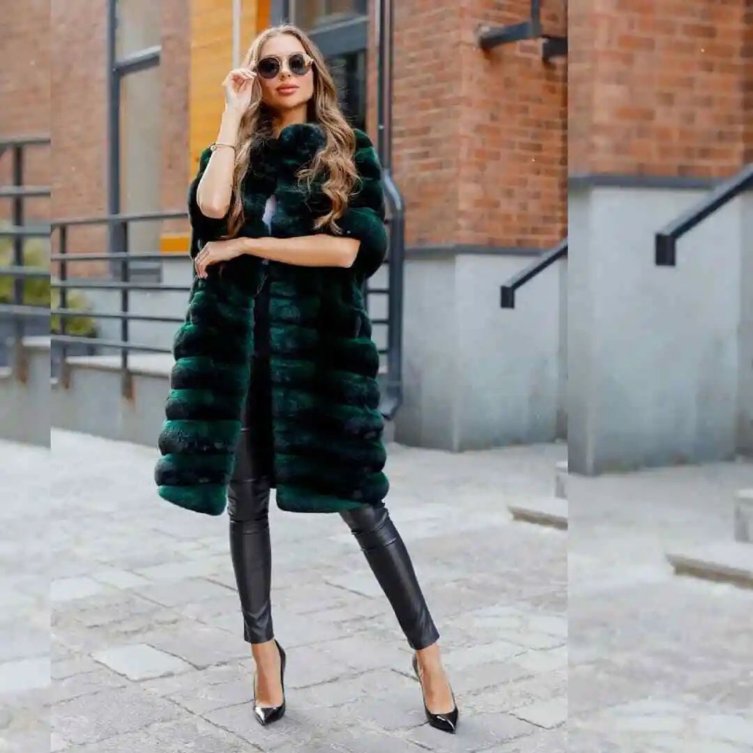 Fashion Women's Real Chinchilla Rex Rabbit Fur Coats Luxury Elegant Winter Warm Jackets Green Natural Thick Overcoat