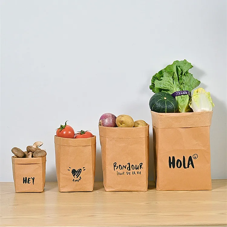 

4pcs Kraft Paper Refrigerator Food Storage Bag Washable Kitchen Fruits Vegetables Organizer Office Cosmetics Stationery Pouch