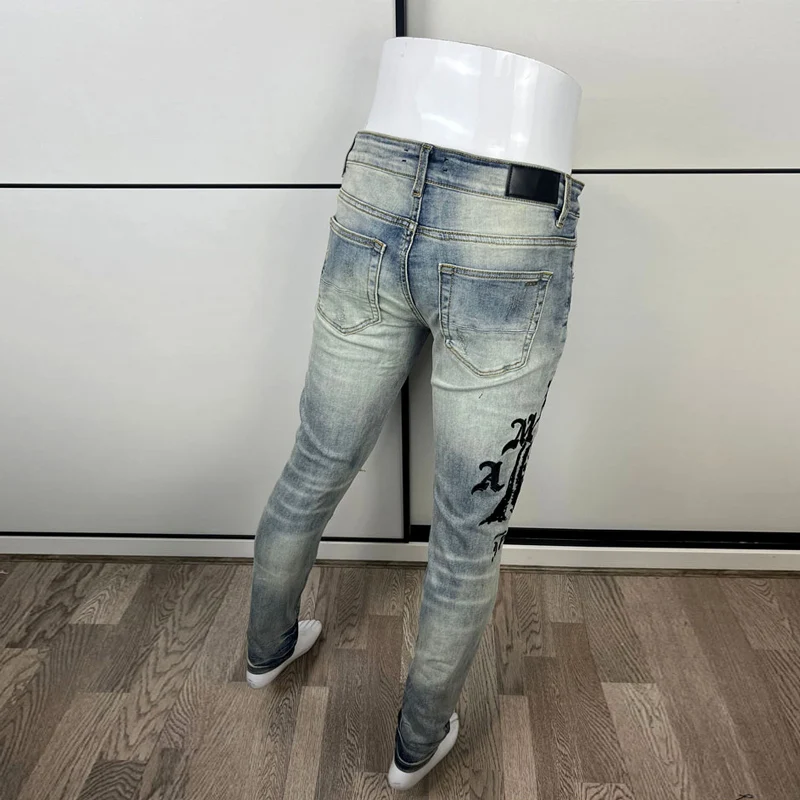 Street Fashion Men Jeans Retro Blue Elastic Stretch Slim Fit Ripped Jeans Men Brand Patch Designer Hip Hop Denim Pants Hombre