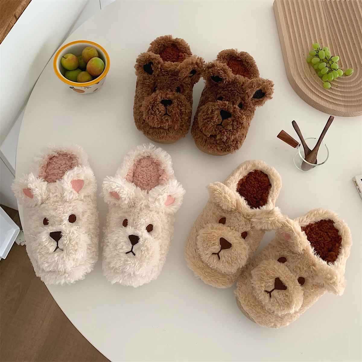 

Women Winter Warm Closed Toe Soft Furry Plush Slippers Fluffy Fur Flat Slides Kawaii Indoor Shoes New Cute Cartoon Dog Slippers