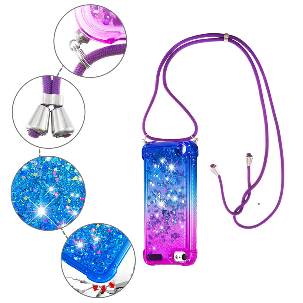 Glitter Gradient Quicksand Phone Case For iPod Touch 5/6/7 Shockproof Defender Case Cover with 1.35M Lanyard Rope images - 6