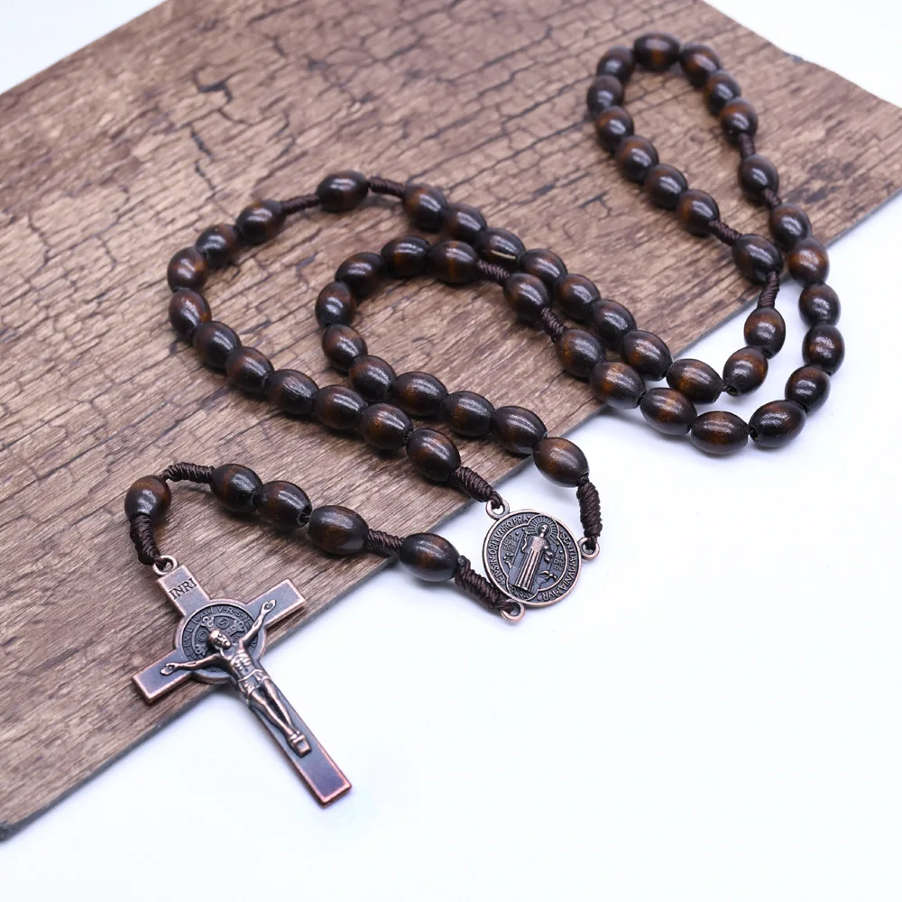 

Brown Wooden Bead Rosary Necklace Cross Pendant Christian Rosary Necklace Jesus Catholic Religious Jewelry