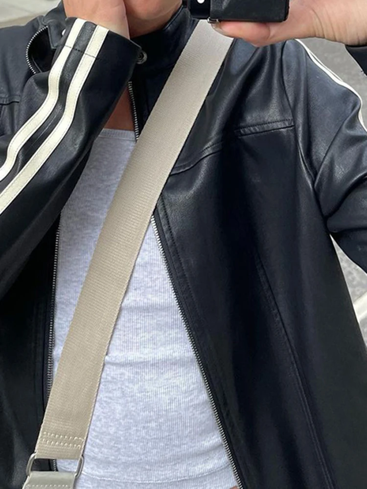 SUCHCUTE Casual PU Zip Up Loose Jackets American Retro Side Stripe Turletneck Faxu Leather Crop Outwear Punk Style Black Coats