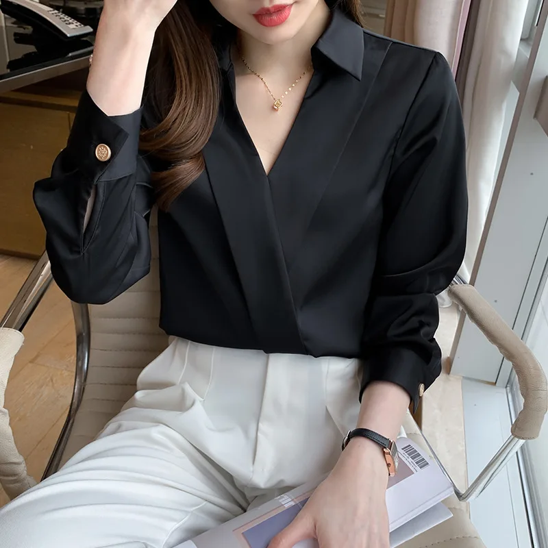 

Spring 2022 Korean fashion blusas satin silk shirt retro shirt women's black women's long sleeve top women's loose office shirt