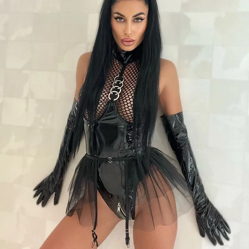 

PU Leather Lingerie Sexy Gothic Women Underwear See Through Fishnet Naughty Costumes Transparent Lace Under Wear Erotic Intimate