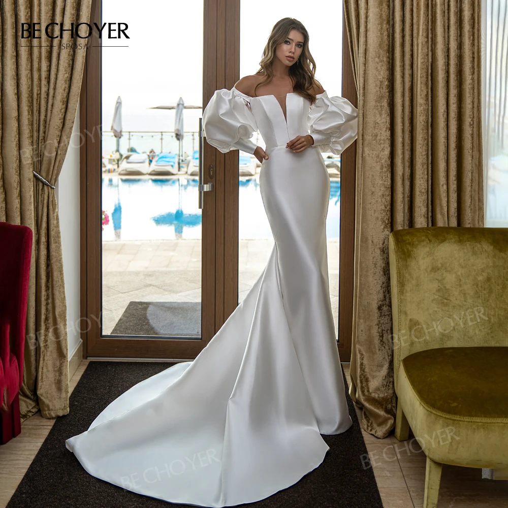 

BECHOYER модное атласное свадебное платье 2022 без бретелек рукав 3 в 1 Русалка со шлейфом Свадебное платье принцессы SN106 Vestido de Noiva
