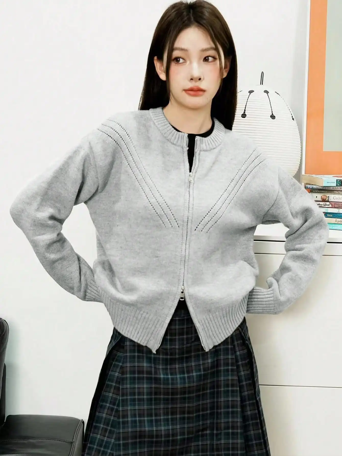 Южнокорейский Dongdaemun осенний нишевый дизайн двойная молния вырез вязаный женский