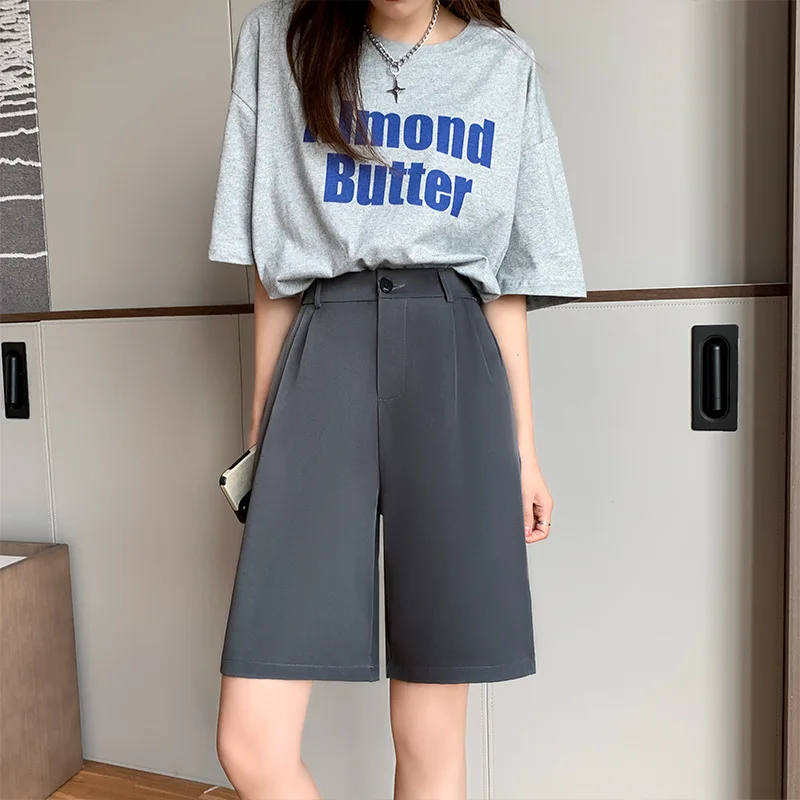 Women's Summer Shorts 2023 Long with High Waist Female Loose White Classic Knee-Length Office Wide Women's Shorts Black Green