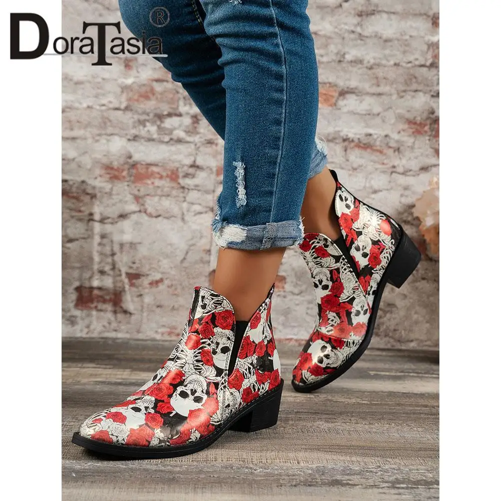 

Big Size 43 Brand New Ladies Round Toe Booties Fashion Slip-on Print Chunky Heels women's Ankle Boots Casual Party Woman Shoes