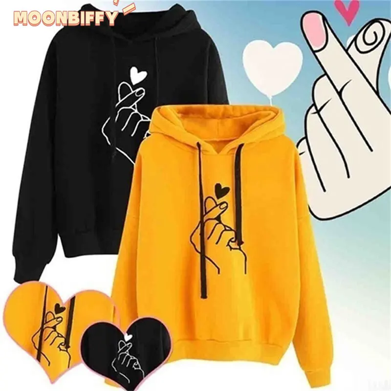 

2022 Fashion Casual Hoodie Finger Heart Print Sweatshirt Poleron Mujer Plain Hoodie Drawstring Cute Korean Oversized Hoodies