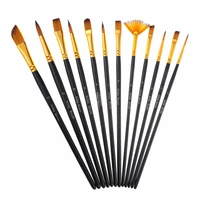 school supplies12pcs wood handle flat round nylon hair watercolor oil acrylic painting art brushes with bag