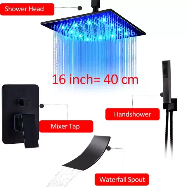 

Black ORB LED Concealed Shower Faucet Set LED Rainfall Shower Head Waterfall Spout 3-Way Mixer Tap Bathroom Shower