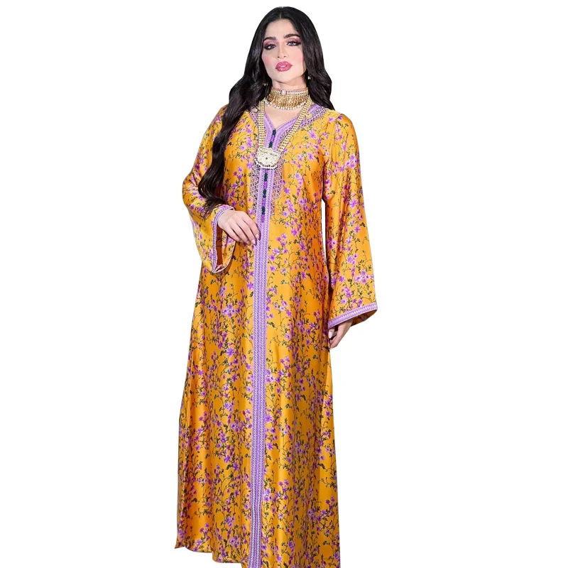 Muslim Dress 2023 Spring Summer Fashion Style Muslim Women Long Sleeve V-neck Polyester Printing Orange Long Dress Muslim Abaya