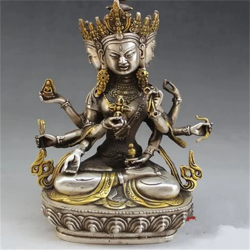 

Тибетский buddhismus fane silber 3 8 arm Kwan-yin статуя Будды Бодхисаттва Dek