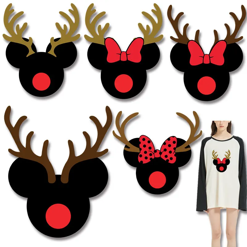 

Mickey with elk antlers Vinyl Sticker For Clothes heart iron on patch Washable firm and fadeless stickers