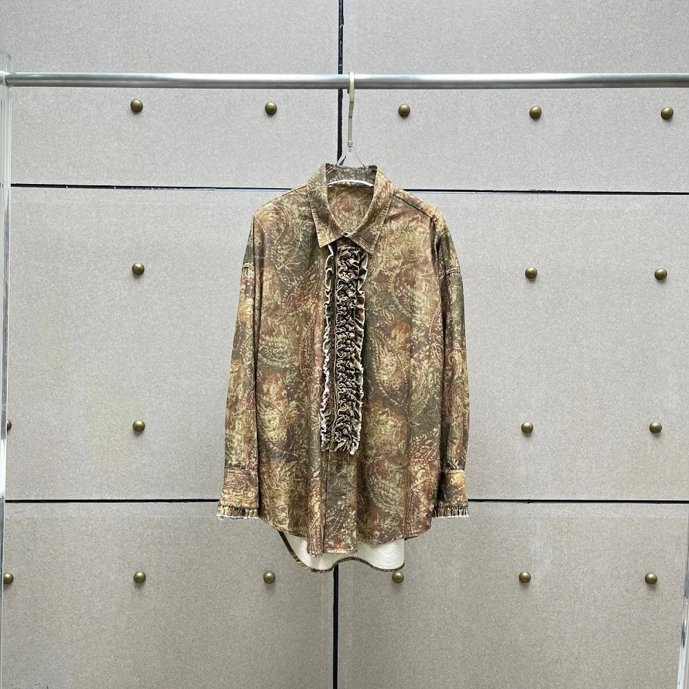 2024 женская модная рубашка шелковая с 3D принтом и рюшами свободный повседневный