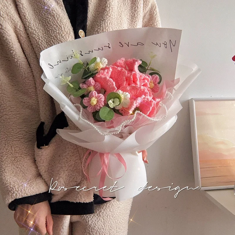 Искусственный букет из шерсти гвоздики ручной вязки Подсолнухи роз хлопковые