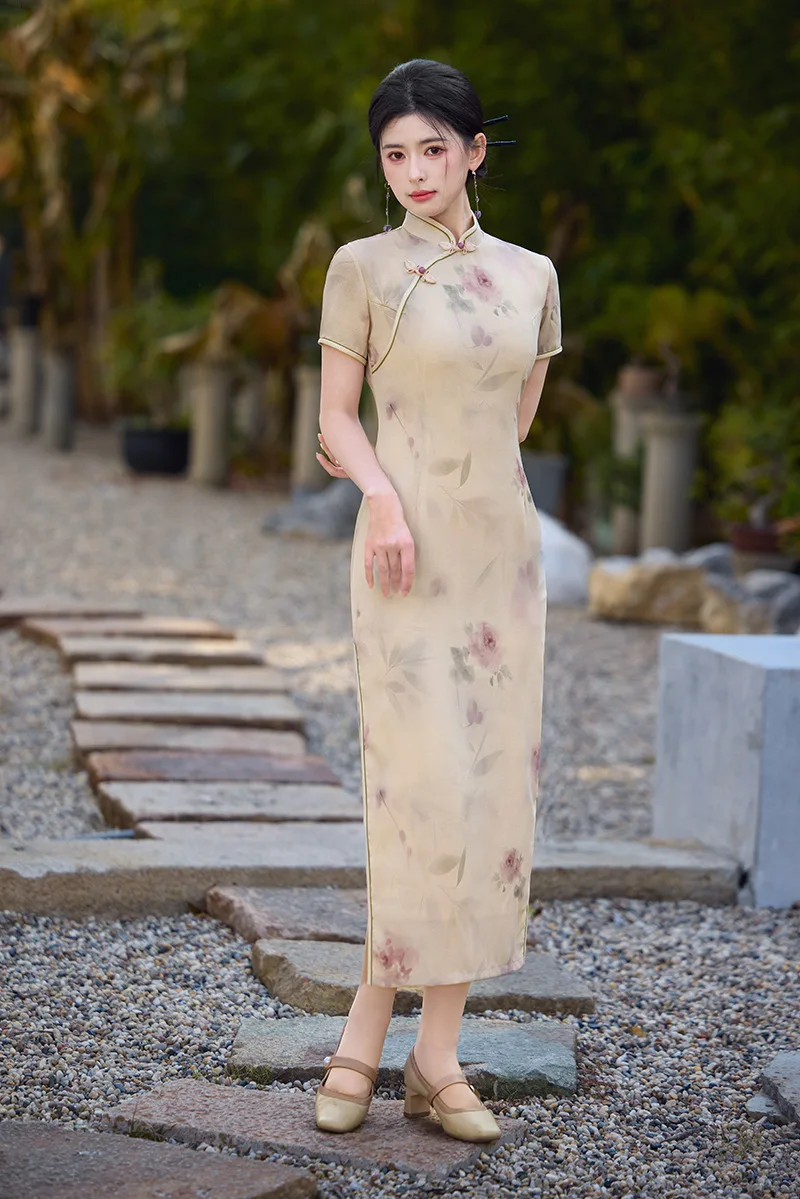 Традиционное китайское платье Cheongsams с коротким рукавом Qipao в этническом стиле