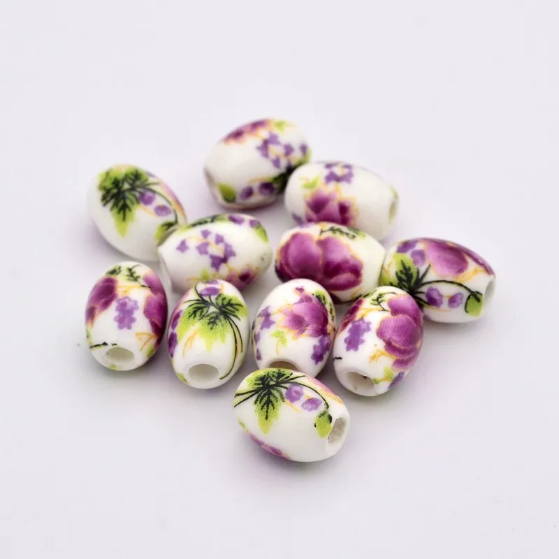 

20PC Handmade Porcelain Beads Printed Oval Medium Violet Red about 10.5mm Long 8mm Wide for Jewelry Making DIY
