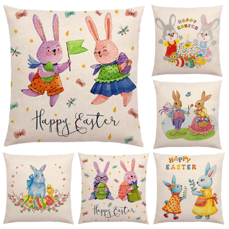 Happy Easter Egg Bunny Cushion Cover Linen Pillow Case for Living Room Decoration Pillowcase for Sofa Car Pillow Cover 45x45cm