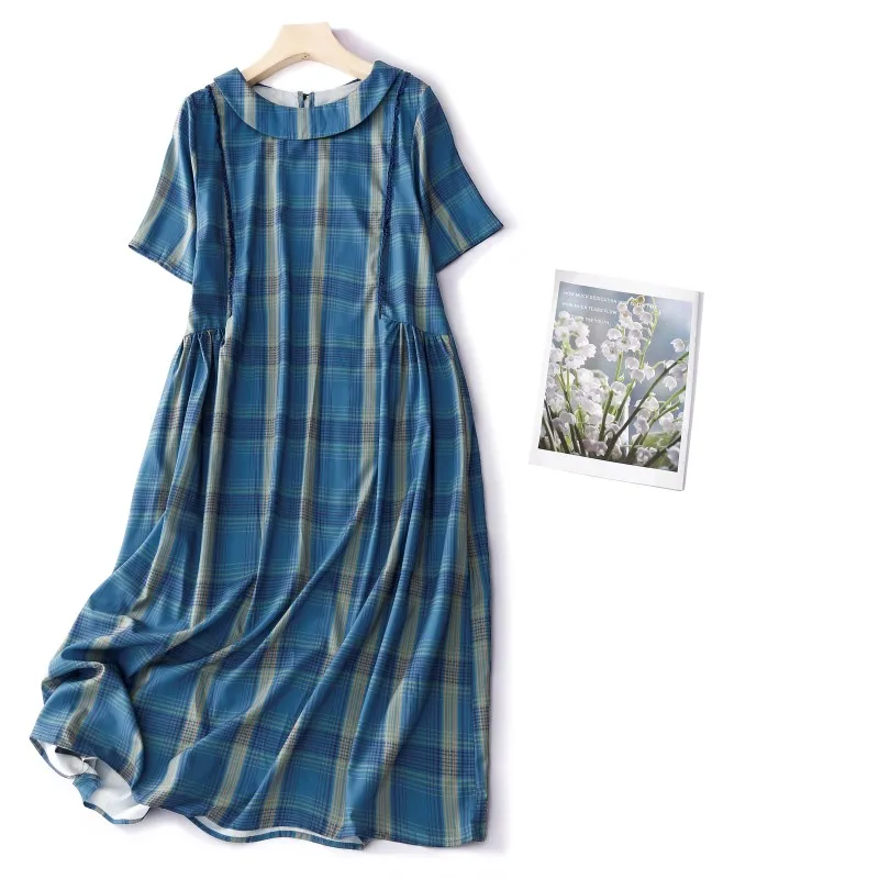 

Limiguyue винтажное литературное Хлопковое платье Liene в клетку женское летнее платье миди с воротником Питер Пэн коротким рукавом дышащее U630