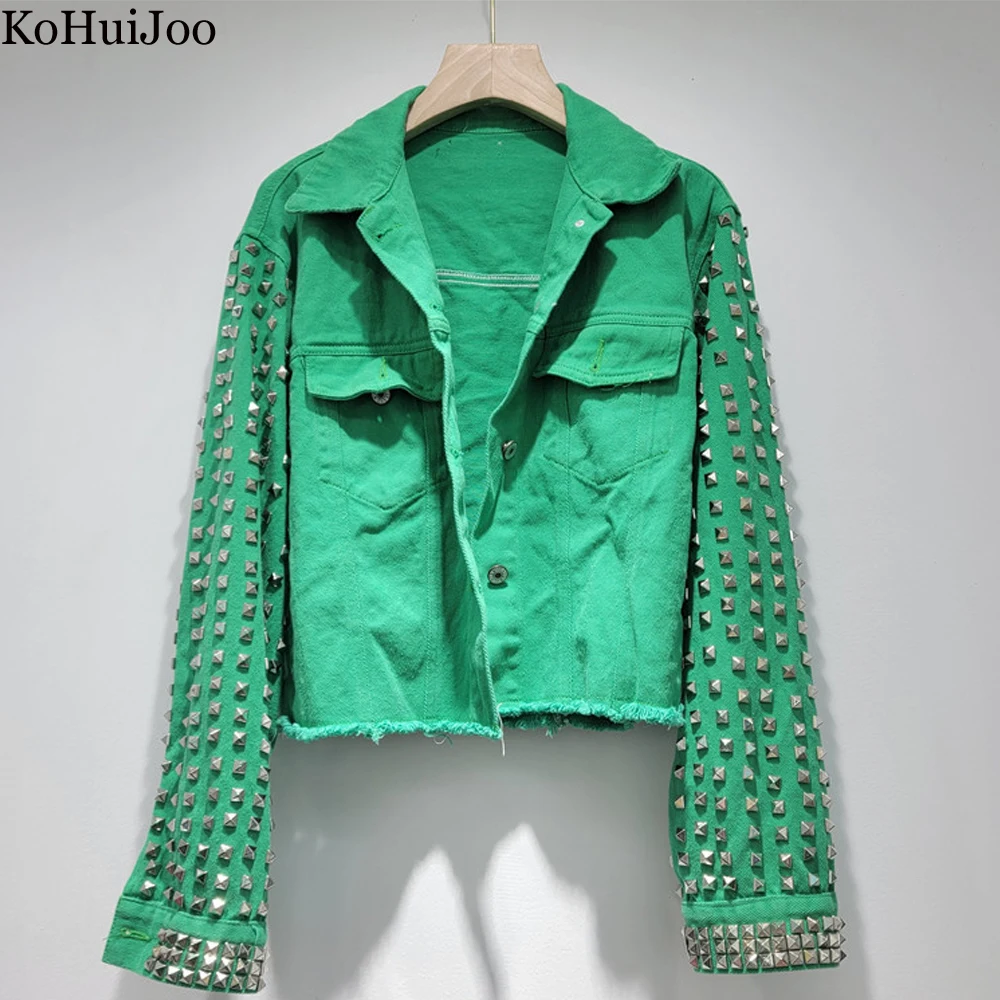

Женская короткая джинсовая куртка, уличная модная зеленая куртка ярких цветов с длинным рукавом, заклепками и бусинами, весна-осень