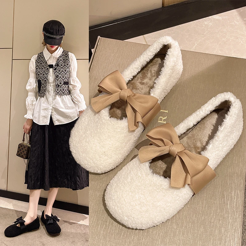 

All-Match Korean Shoes Shallow Mouth Casual Female Sneakers Bow-Knot Autumn Women's Moccasins Loafers Fur Round Toe 2022 Butterf