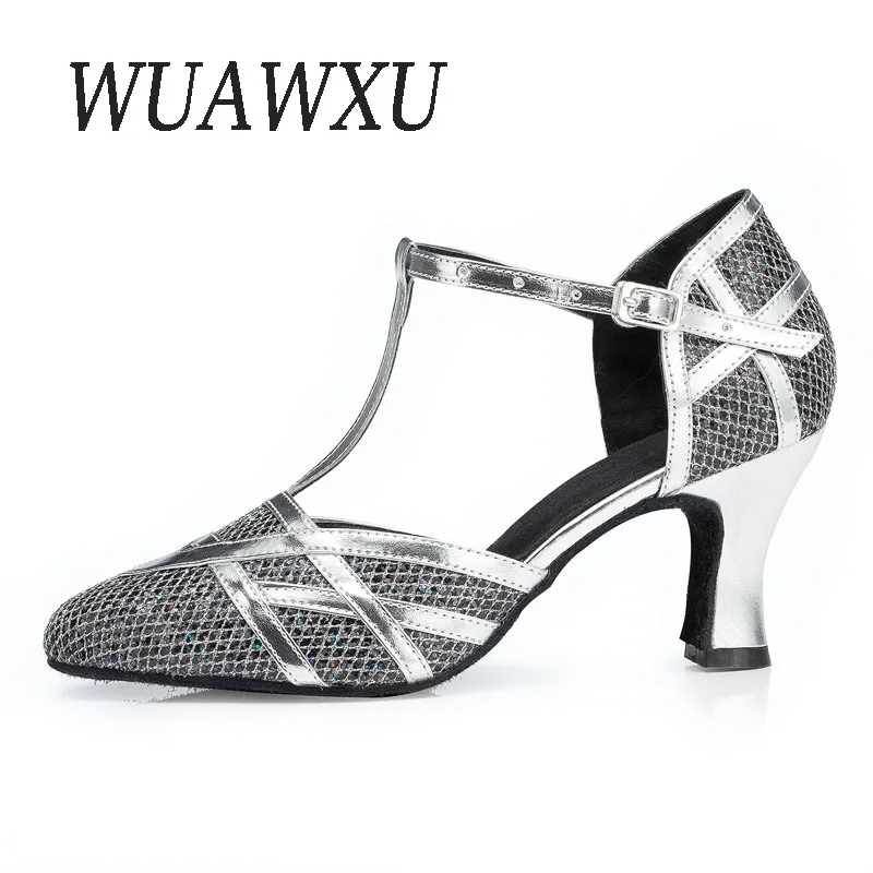 NATASHA 2023 Baotou Latin Dance Shoes Female Adult Gold Sequins Square Dance Shoes Medium High Heel Social Dance Performance Sho