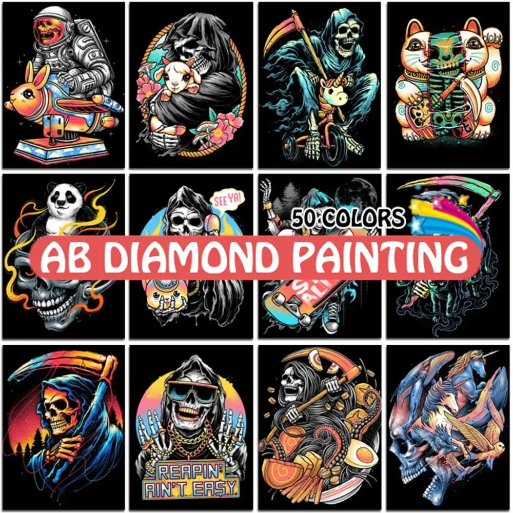 

Алмазная живопись, мультяшный череп AB, сверло, животные, фотоединорог, вышивка крестиком стразы, мозаика, украшение для дома