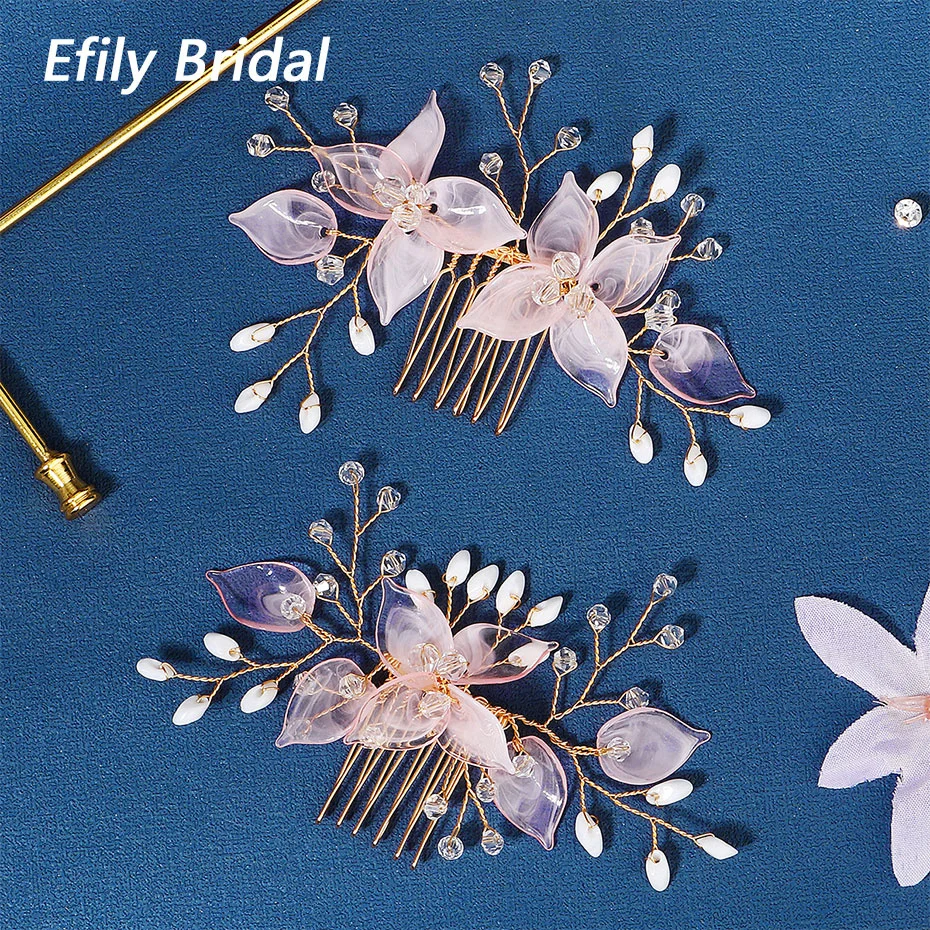 

Efily Bridal Wedding Hair Accessories 2pcs/lot Pink Flower Crystal Hair Comb Women Bride Headdress Party Prom Bridesmaid Gift